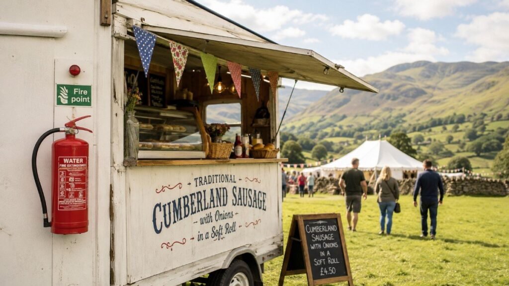 Outdoor catering stall with gas burners at a Cumbria food festival