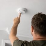 Fire alarm detector in a Lake District hotel corridor in Cumbria