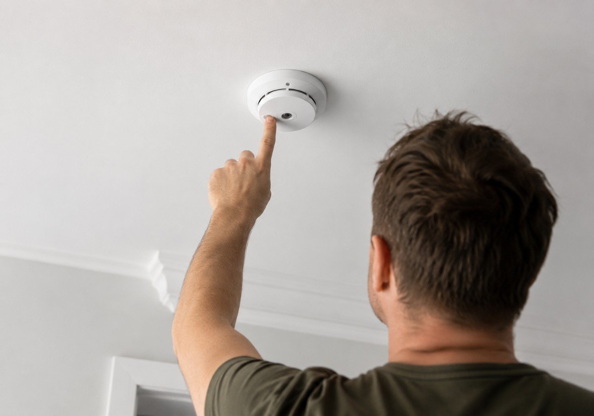 Fire alarm detector in a Lake District hotel corridor in Cumbria