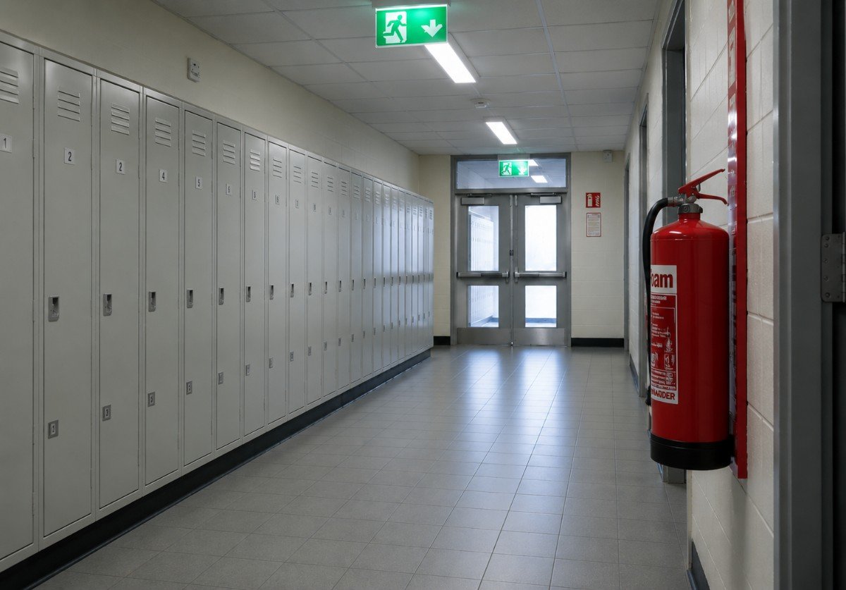 Fire alarm call point on the wall of a school corridor in Cumbria