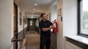 Fire extinguishers with service labels in a Cumbria business