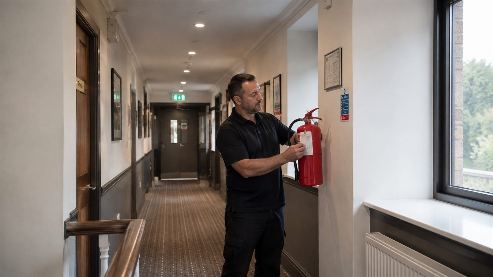 Fire extinguishers with service labels in a Cumbria business